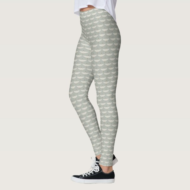 Blaue, neutrale Vogelkrane Art-Déco-Muster Leggings (Links)