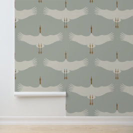 Blaue, neutrale Vogelkrane Art-Déco-Muster Tapete
