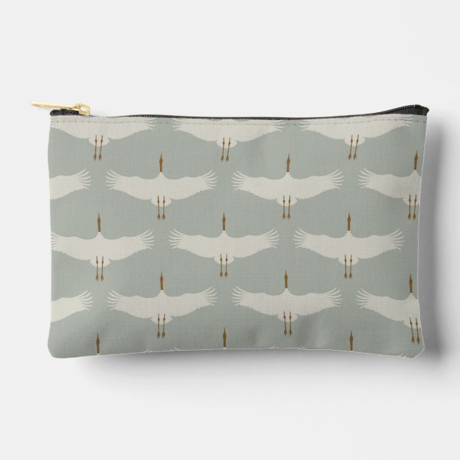 Blaue, neutrale Vogelkrane Art-Déco-Muster Zubehörtasche (Vorderseite)