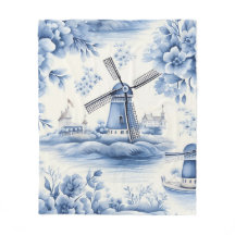Blaue niederländische Delft-Windmühle Aquarell 