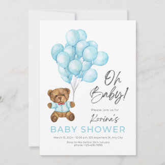 BLAUE NIEDLICH OH BABY TEDDY BAR AND BALLOONS EINLADUNG