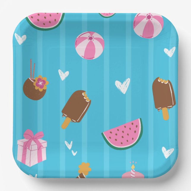 Blaue niedliche Illustrationsfolie Pappteller (Vorderseite)