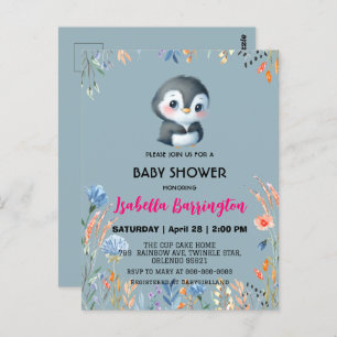 Blaue Niedliche Pinguine süße Blume Babydusche Kin Postkarte