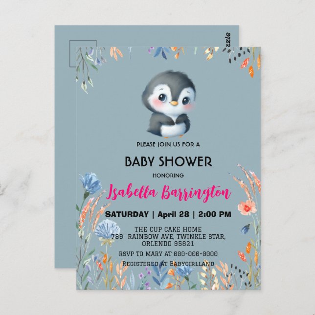 Blaue Niedliche Pinguine süße Blume Babydusche Kin Postkarte (Vorne/Hinten)
