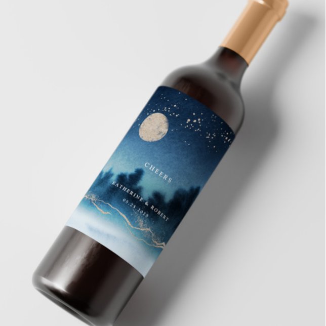 Blaue Night Landschaft Hochzeitweiliges Weinlabel  Weinetikett (Von Creator hochgeladen)