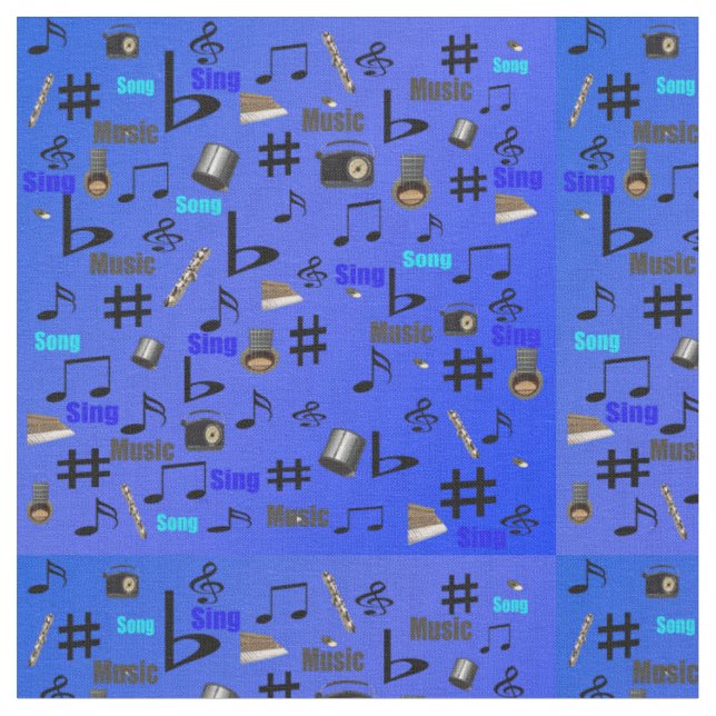 Blaue Noten, Akkorde und Worte, Stoff (Nahaufnahme)