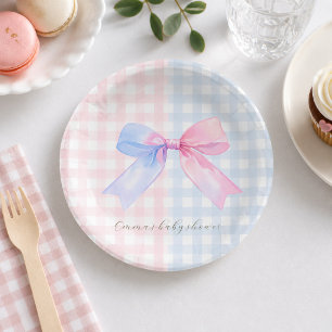 Blaue oder rosa Gingham-Schleife Geschlecht enthül Pappteller