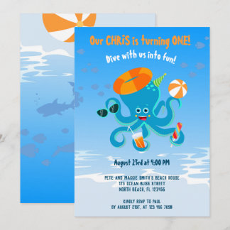Blaue Oktopus unter der Geburtstagsparty des Sea B Einladung