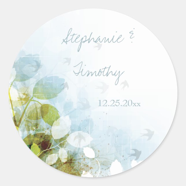 Blaue Olivgrün Blattvögel Hochzeitsticker Runder Aufkleber (Vorderseite)