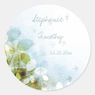 Blaue Olivgrün Blattvögel Hochzeitsticker Runder Aufkleber