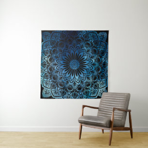 Blaue Ombre Aquarell-Mandala Wandteppich