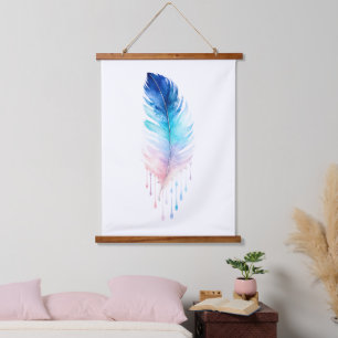 Blaue Ombre-Feder-Wasserfarbe Wandteppich Mit Holzrahmen