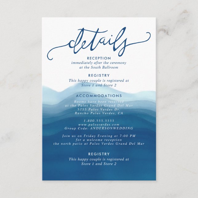 Blaue Ombre Wasserfarbe Wave Handschrift Details Begleitkarte (Vorderseite)