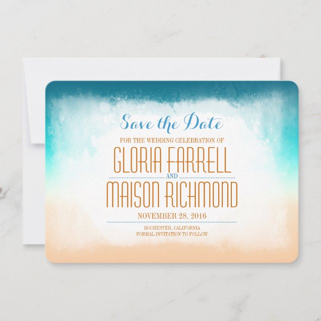 Blaue Omeralm Hochzeit am Strand Save the Date (Vorderseite)