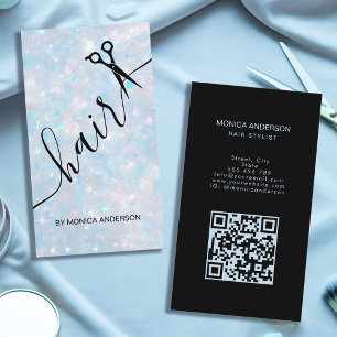 Blaue Opal Glitter Haar Script Schere QR Code Visitenkarte