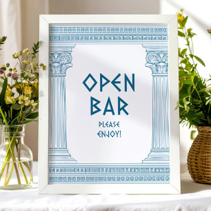 Blaue Open Bar-Party-Schild mit elegantem Tempel Poster