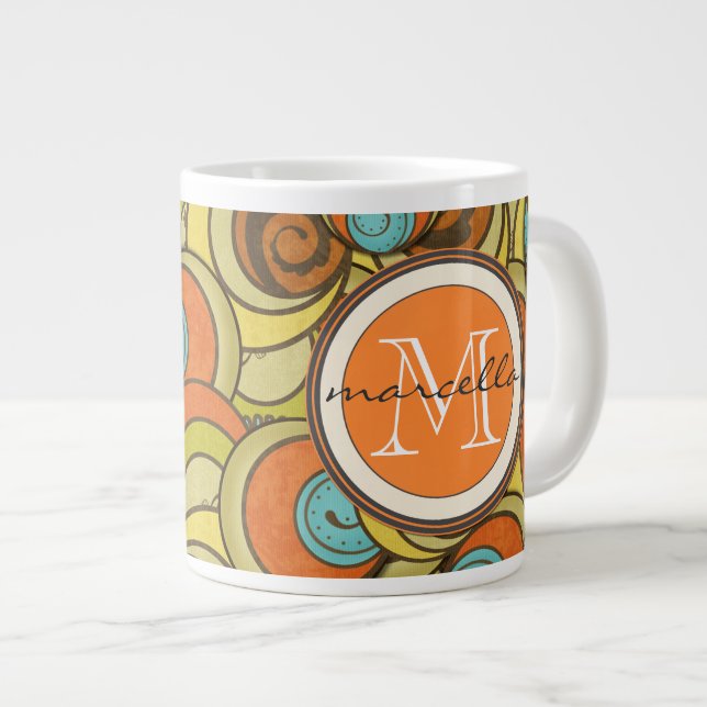 Blaue Orange Browns kreist Monogramm ein Jumbo-Tasse (Vorderseite Rechts)