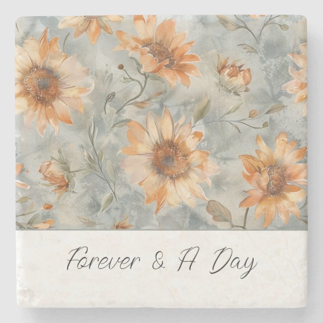 Blaue Orange Creme Blumen Forever Steinuntersetzer (Vorderseite)
