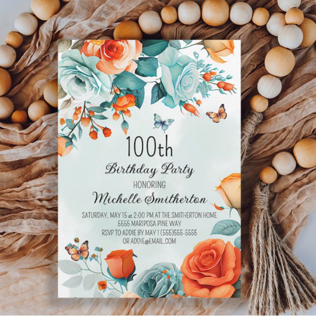 Blaue Orange Floral Butterfliegen Geburtstag Einladung (Von Creator hochgeladen)