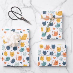 Blaue Orange Gelbe Süße Katzen Baby Shower Geburts Geschenkpapier Set