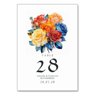 Blaue, orange, gelbe und rote Blumenelemente für e Tischnummer