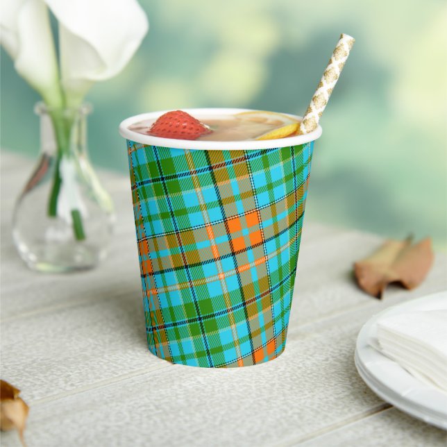 Blaue Orange Grüne Karo Tartan Design  Pappbecher (In Situ)