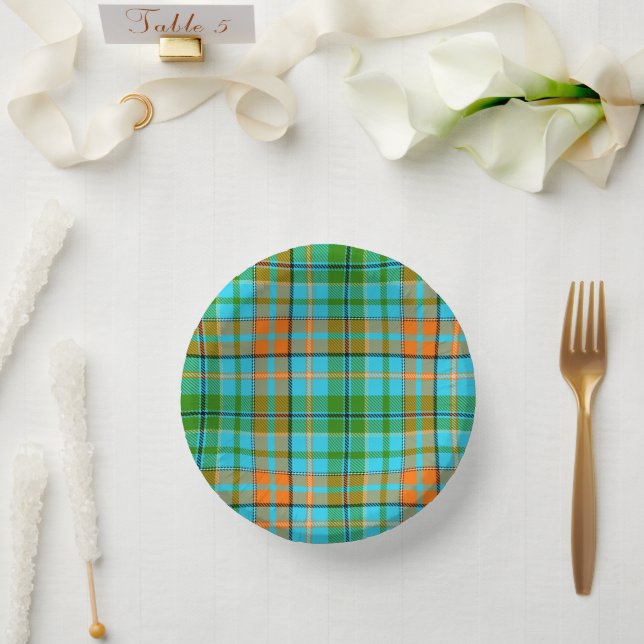 Blaue Orange Grüne Karo Tartan Design  Pappteller (Hochzeit)