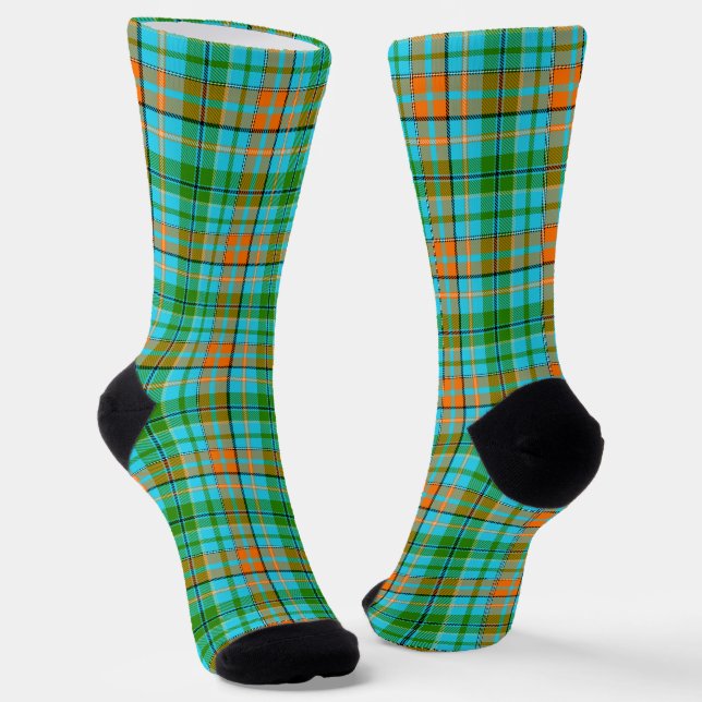 Blaue Orange Grüne Karo Tartan Design  Socken (Gewinkelt)