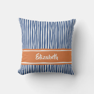 Blaue Orange Handgezeichnete Streifenname Kissen