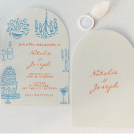 Blaue Orange Handgezeichnete Whimsical Gebogene Ho Einladung
