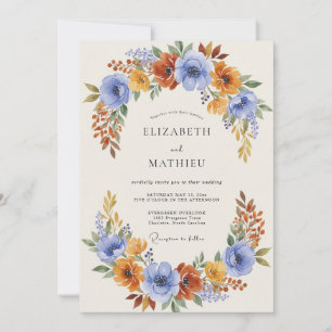 Blaue Orange Herbstliche Üppige Hochzeit Einladung