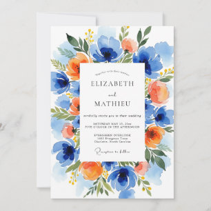 Blaue Orange Lebendige Botanische Hochzeit Einladung