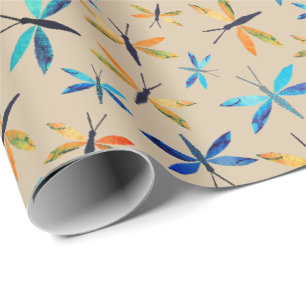 Blaue Orange Libellen Taupe Handgezeichnete Libell Geschenkpapier