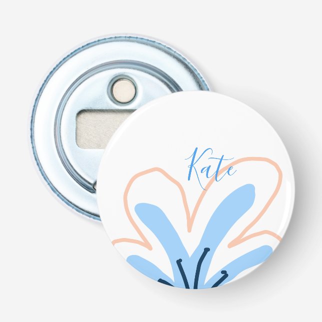 Blaue Orange Pastell-Blume Name Boho Retro-Geschen Flaschenöffner (Vorderseite)