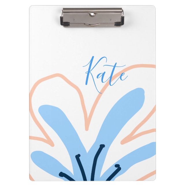 Blaue Orange Pastell-Blume Name Boho Retro-Geschen Klemmbrett (Vorderseite)