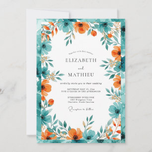 Blaue Orange Üppige Sommerhochzeit Einladung