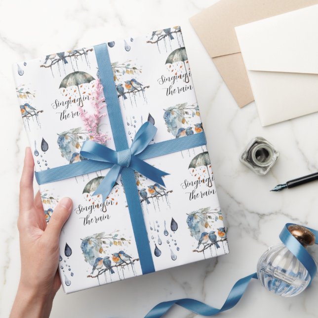 Blaue Orange Vögel singen im Regen Geschenkpapier (Schenken)