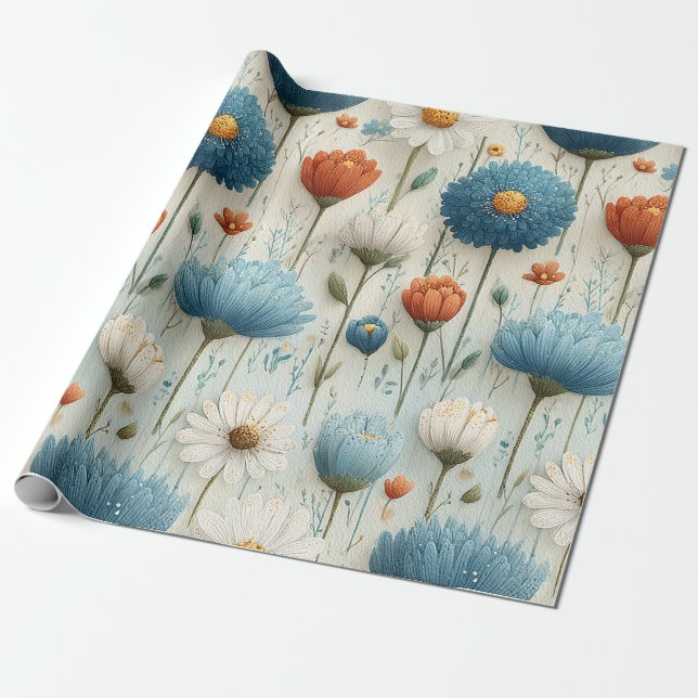 Blaue Orange Wildblumen Blumen  Geschenkpapier (Ungerollt)