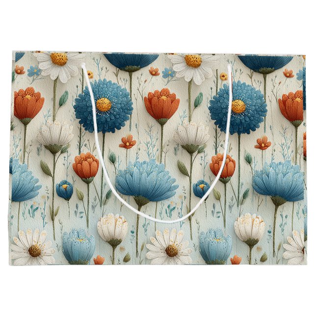 Blaue Orange Wildblumen Blumen  Große Geschenktüte (Rückseite)