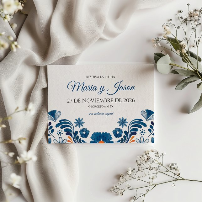 Blaue Orangefarbene Blumen Elegante Fiesta Spanisc Save The Date (Blue Orange Floral Elegant Fiesta Spanish Wedding Save The Date)
