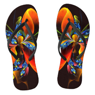 Blaue Orangefarbene Blumen Moderne Abstrakte Kunst Flip Flops
