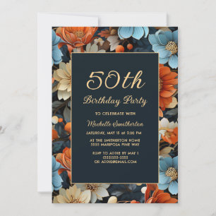 Blaue orangefarbene Blumen zum 50. Geburtstag für  Einladung