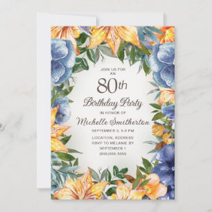 Blaue Orangefarbene Blumen zum 80. Geburtstag Einladung