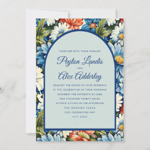 Blaue Orangefarbene Blumengewölbe-Hochzeit Einladung
