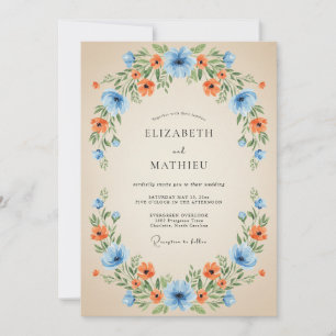 Blaue Orangefarbene Blumengirlande Hochzeit Einladung