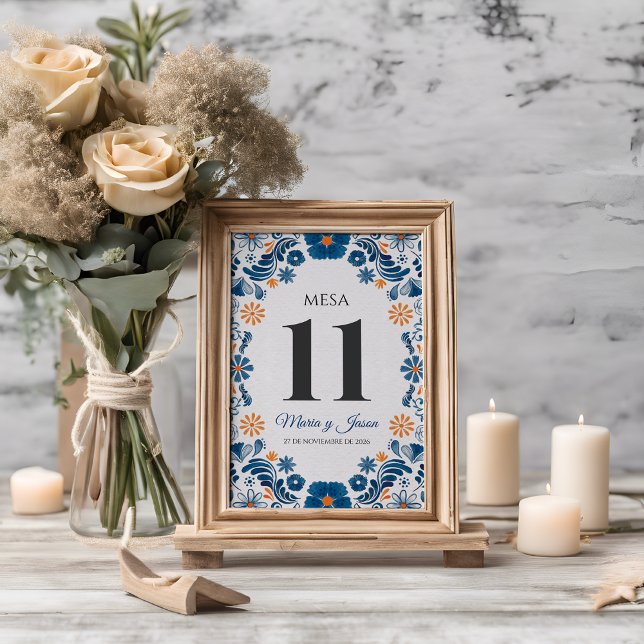 Blaue Orangefarbene Blumige Elegante Fiesta Spanis Tischnummer (Blue Orange Floral Elegant Fiesta Spanish Wedding Table Number)