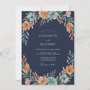 Blaue Orangefarbene Blumige Hochzeit Einladung