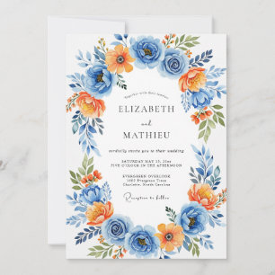 Blaue Orangefarbene Florale Hochzeitsromantik Einladung