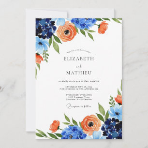 Blaue Orangefarbene Florale Launen Hochzeit Einladung