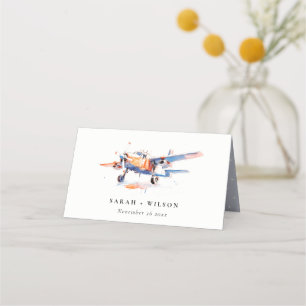 Blaue Orangen-Blush-Flugzeug-Hochzeit Platzkarte